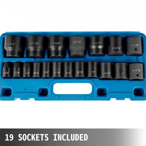VEVOR Impact Socket Set 1/2 Inches 19 Piece Impact Sockets, Standard Socket Assortment, 1/2 Inches Drive Socket Set Impact Standard SAE (3/8 Inches to 1-1/2 Inches) 6-point Hex Sockets