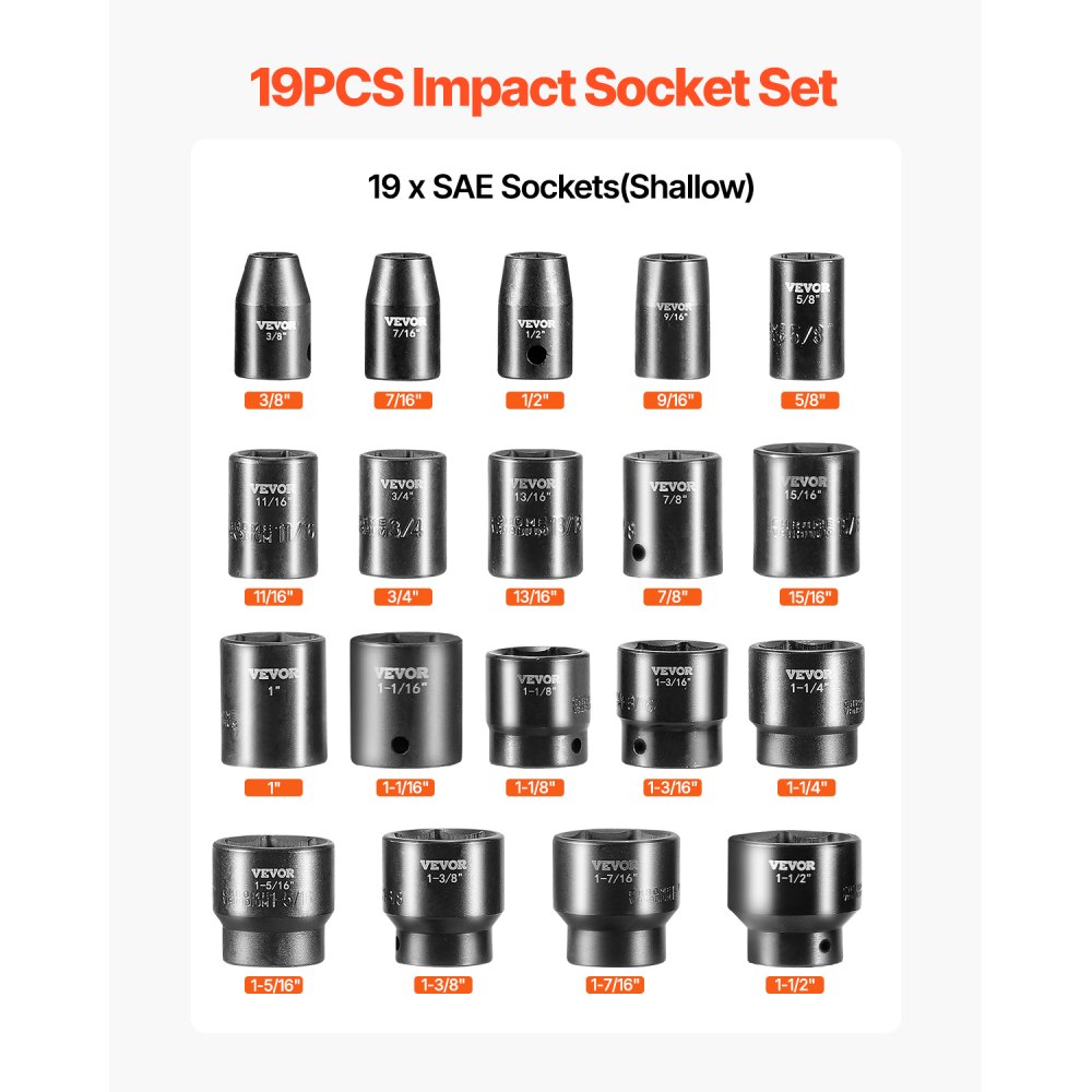 VEVOR Impact Socket Set 1/2 Inches 19 Piece Impact Sockets, Standard Socket Assortment, 1/2 Inches Drive Socket Set Impact Standard SAE (3/8 Inches to 1-1/2 Inches) 6-point Hex Sockets