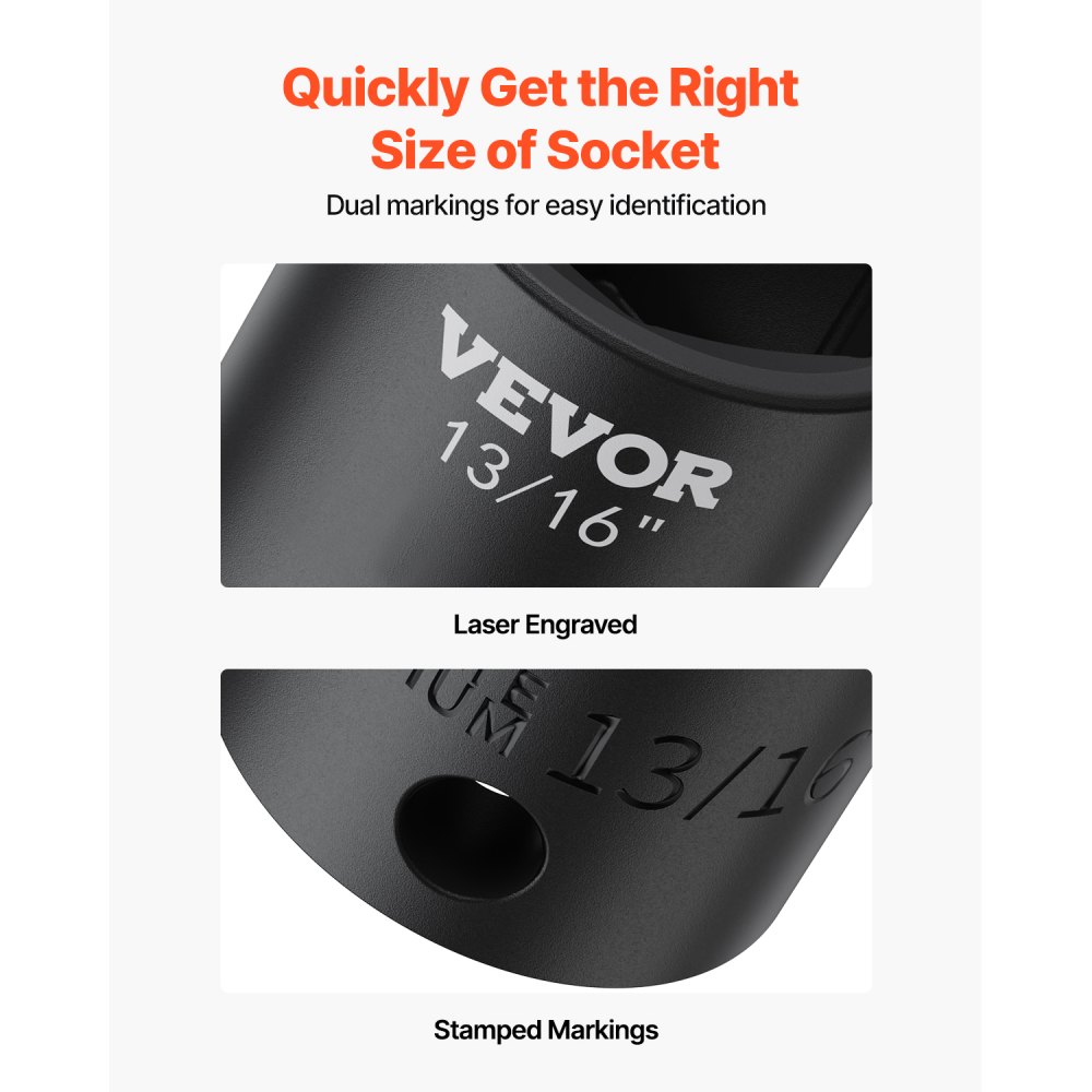 VEVOR Impact Socket Set 1/2 Inches 19 Piece Impact Sockets, Standard Socket Assortment, 1/2 Inches Drive Socket Set Impact Standard SAE (3/8 Inches to 1-1/2 Inches) 6-point Hex Sockets