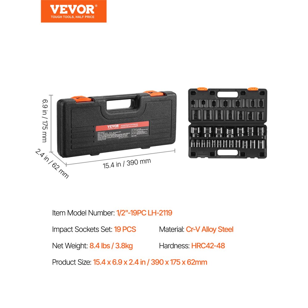 VEVOR Impact Socket Set 1/2 Inches 19 Piece Impact Sockets, Standard Socket Assortment, 1/2 Inches Drive Socket Set Impact Standard SAE (3/8 Inches to 1-1/2 Inches) 6-point Hex Sockets
