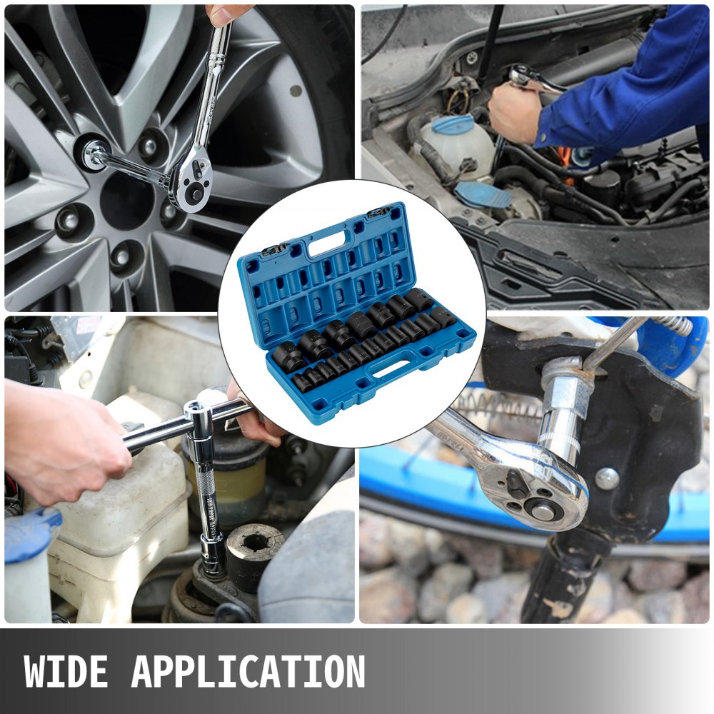 VEVOR Impact Socket Set 1/2 Inches 19 Piece Impact Sockets, Standard Socket Assortment, 1/2 Inches Drive Socket Set Impact Standard SAE (3/8 Inches to 1-1/2 Inches) 6-point Hex Sockets