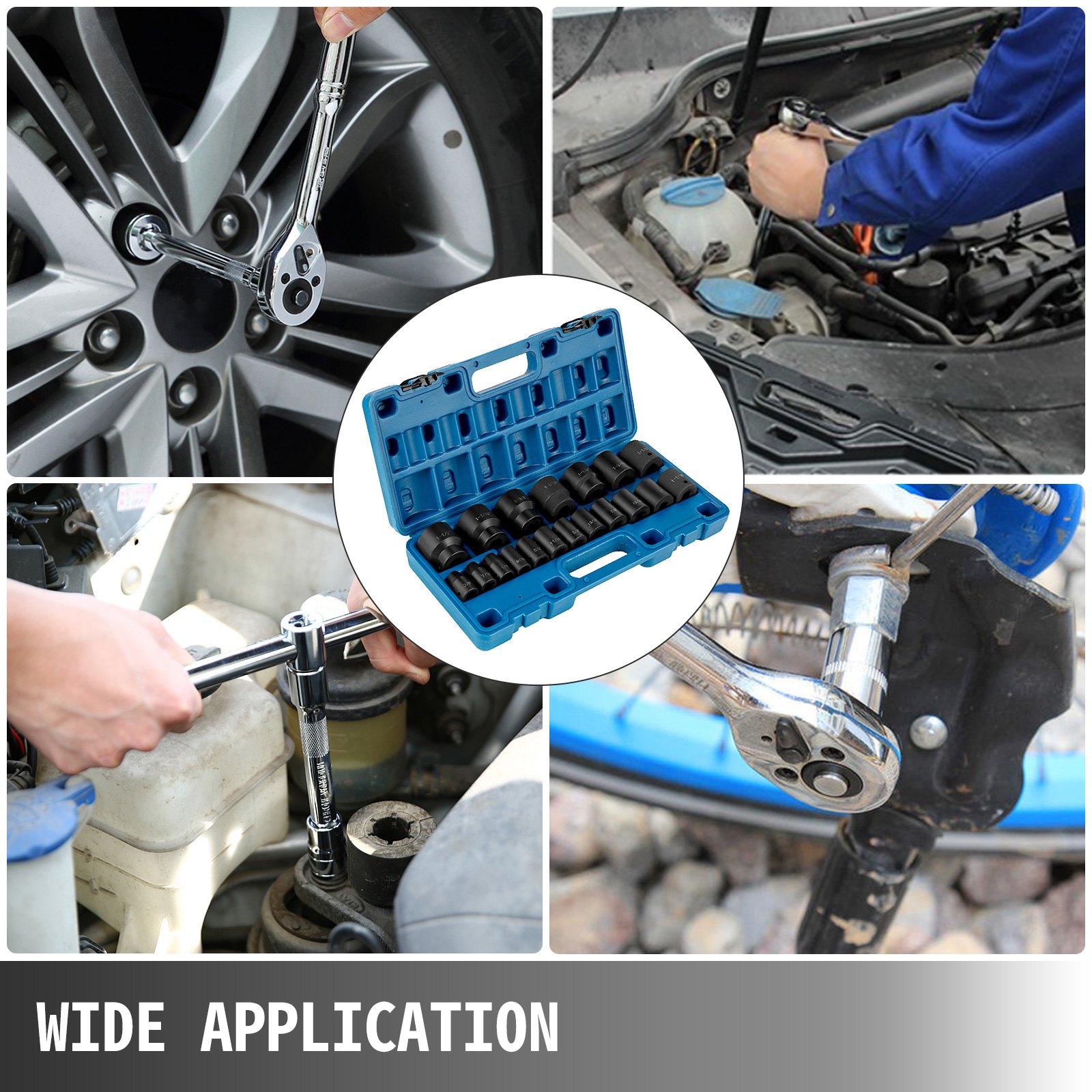 VEVOR Impact Socket Set 1/2 Inches 19 Piece Impact Sockets, Standard Socket Assortment, 1/2 Inches Drive Socket Set Impact Standard SAE (3/8 Inches to 1-1/2 Inches) 6-point Hex Sockets