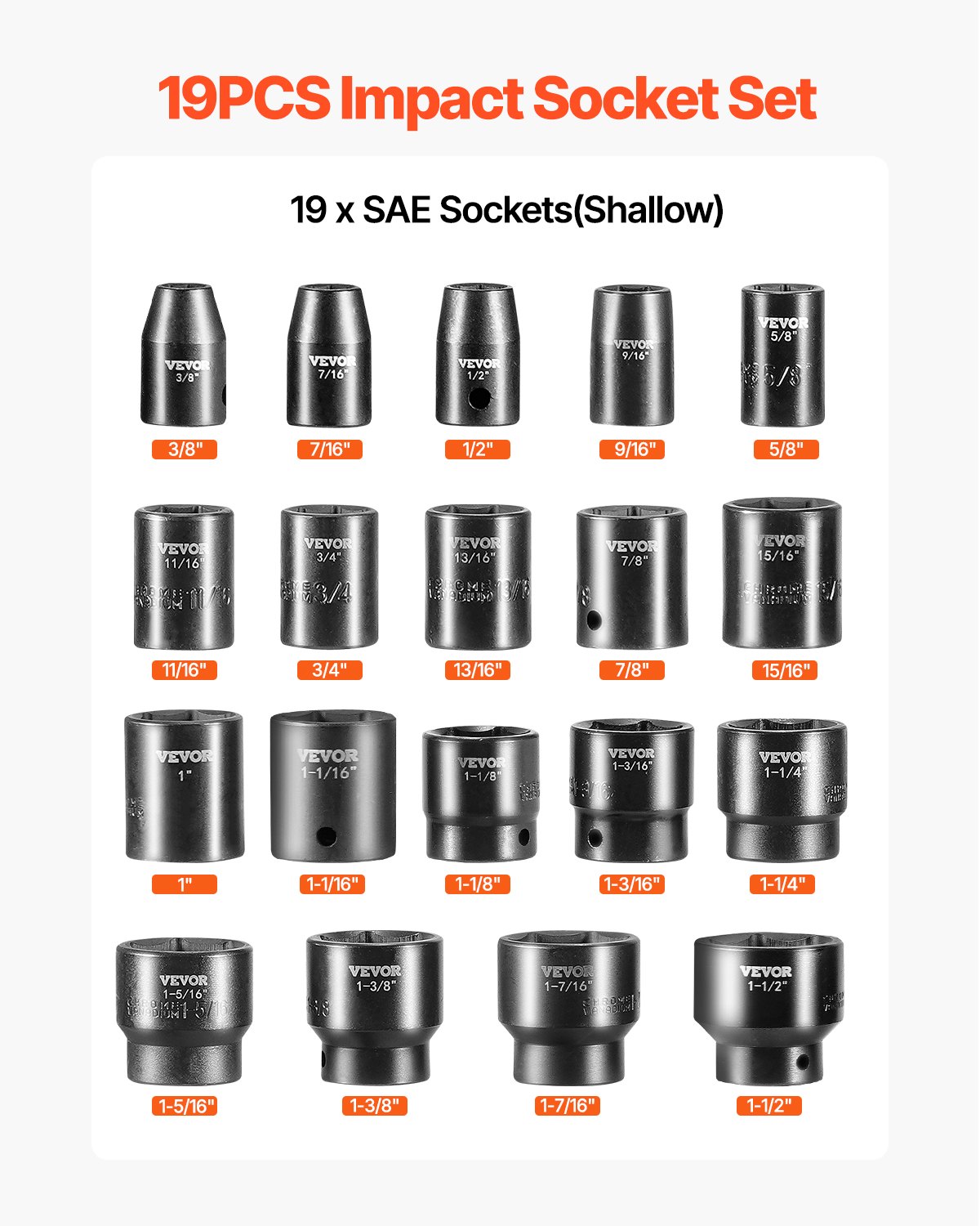 VEVOR Impact Socket Set 1/2 Inches 19 Piece Impact Sockets, Standard Socket Assortment, 1/2 Inches Drive Socket Set Impact Standard SAE (3/8 Inches to 1-1/2 Inches) 6-point Hex Sockets