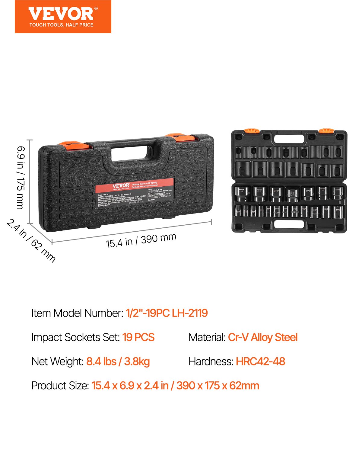VEVOR Impact Socket Set 1/2 Inches 19 Piece Impact Sockets, Standard Socket Assortment, 1/2 Inches Drive Socket Set Impact Standard SAE (3/8 Inches to 1-1/2 Inches) 6-point Hex Sockets