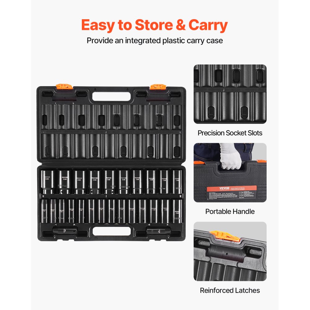 VEVOR Impact Socket Set, 1/2" 26 Piece Impact Sockets, Deep Socket, 6-Point Sockets, 1/2 Inches Drive Socket Set Impact Metric 10mm - 36mm, Cr-V Rugged Construction, with a Storage Cage
