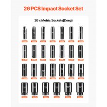 VEVOR Impact Socket Set 1/2 Inches 26 Piece Impact Sockets, Deep Socket, 6-Point Sockets, Rugged Construction, Cr-V, 1/2 Inches Drive Socket Set Impact Metric 10mm - 36mm, with a Storage Cage