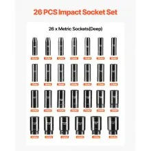 VEVOR Impact Socket Set 1/2 Inches 26 Piece Impact Sockets, Deep Socket, 6-Point Sockets, Rugged Construction, Cr-V, 1/2 Inches Drive Socket Set Impact Metric 10mm - 36mm, with a Storage Cage