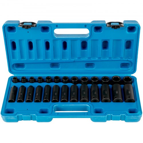 VEVOR Impact Socket Set 3/8 Inches 26 Piece Impact Sockets, Deep / Standard Socket, 6-Point Sockets, Rugged Construction, Cr-V Socket Set Impact Metric 9mm - 30mm, with a Storage Cage
