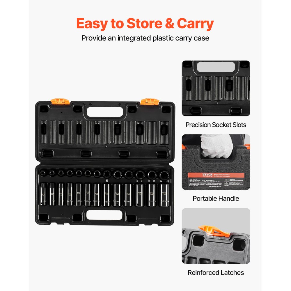VEVOR Impact Socket Set 3/8 Inches 26 Piece Impact Sockets, Deep / Standard Socket, 6-Point Sockets, Rugged Construction, Cr-V Socket Set Impact Metric 7mm - 19mm, with a Storage Cage