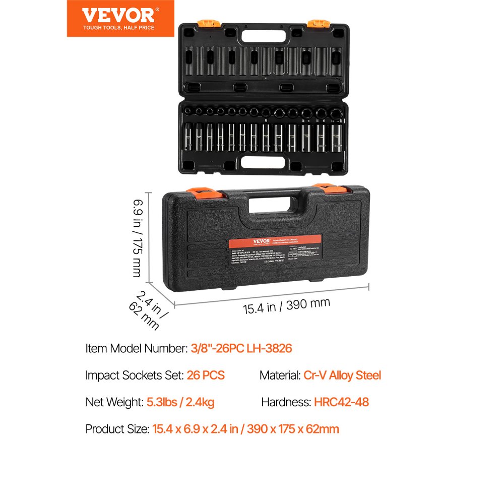 VEVOR Impact Socket Set 3/8 Inches 26 Piece Impact Sockets, Deep / Standard Socket, 6-Point Sockets, Rugged Construction, Cr-V Socket Set Impact Metric 7mm - 19mm, with a Storage Cage