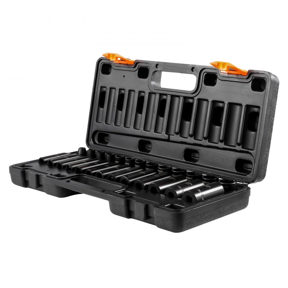 VEVOR Impact Socket Set 3/8 Inches 26 Piece Impact Sockets, Deep / Standard Socket, 6-Point Sockets, Rugged Construction, Cr-V Socket Set Impact Metric 7mm - 19mm, with a Storage Cage