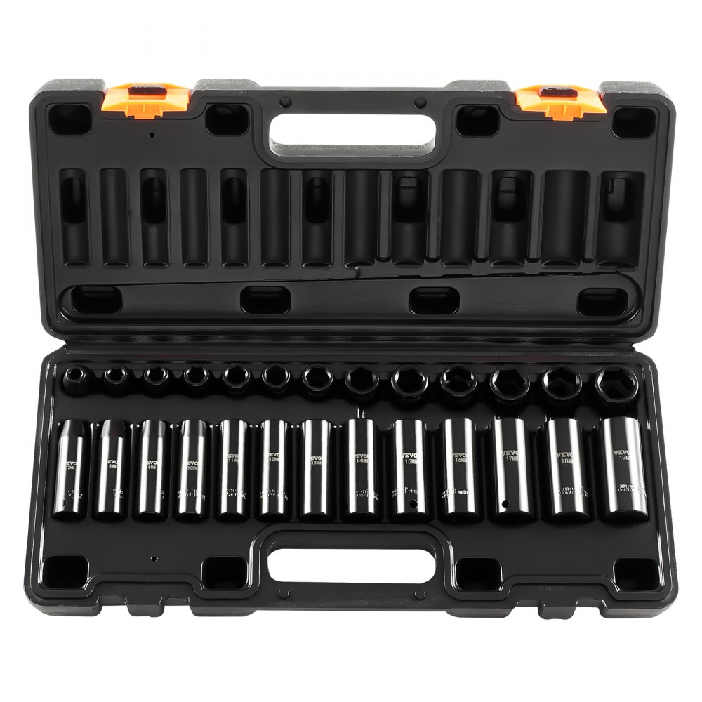 VEVOR Impact Socket Set 3/8 Inches 26 Piece Impact Sockets, Deep / Standard Socket, 6-Point Sockets, Rugged Construction, Cr-V Socket Set Impact Metric 7mm - 19mm, with a Storage Cage
