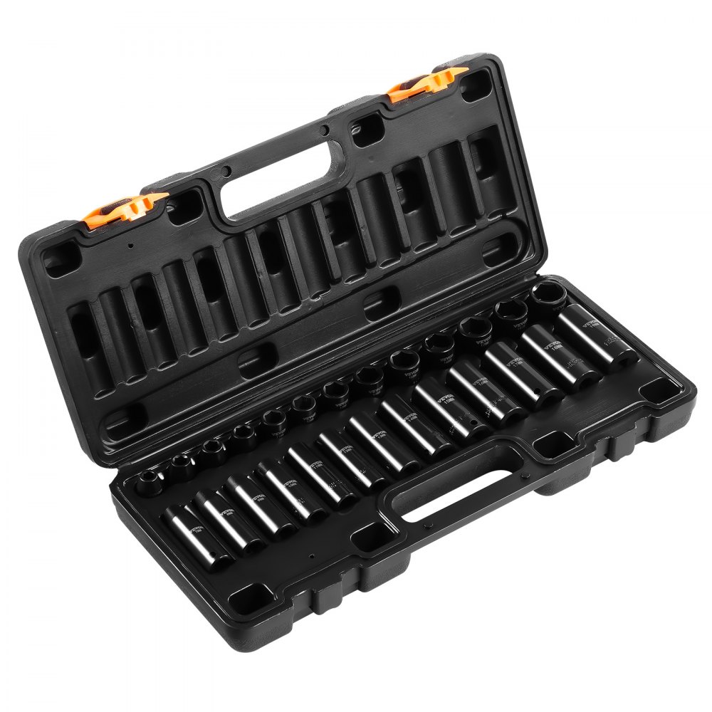 VEVOR Impact Socket Set 3/8 Inches 26 Piece Impact Sockets, Deep / Standard Socket, 6-Point Sockets, Rugged Construction, Cr-V Socket Set Impact Metric 7mm - 19mm, with a Storage Cage