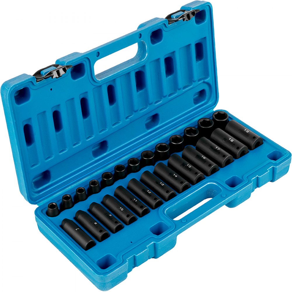 VEVOR Impact Socket Set 3/8 Inches 26 Piece Impact Sockets, Deep / Standard Socket, 6-Point Sockets, Rugged Construction, Cr-V Socket Set Impact Metric 7mm -19mm, with a Storage Cage