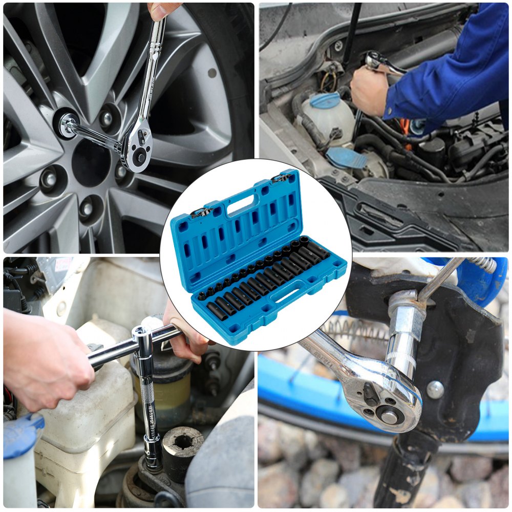 VEVOR Impact Socket Set 3/8 Inches 26 Piece Impact Sockets, Deep / Standard Socket, 6-Point Sockets, Rugged Construction, Cr-V Socket Set Impact Metric 7mm - 19mm, with a Storage Cage