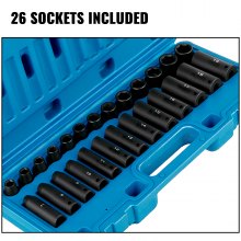 VEVOR støtsokkelsett 3/8 tommer 26 deler støtsokkel, dyp / standard socket, 6-punkts sockets, robust konstruksjon, Cr-V socket sett Impact metrisk 9 mm - 30 mm, med et oppbevaringsbur