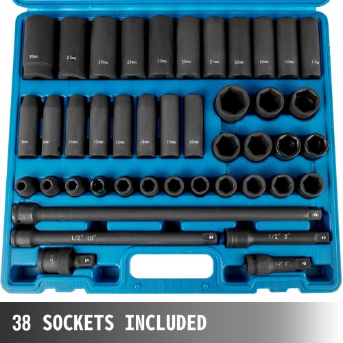 VEVOR Impact Socket Set 1/2 Inches 43 Piece Impact Sockets, Standard Socket Assortment, 1/2 Inches Drive Socket Set 6-Point Sockets Metric 9-30mm (Standard/Deep)