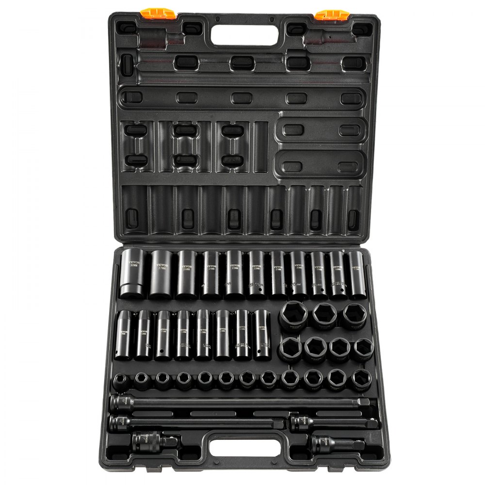 VEVOR impact socket set in a blue case with various socket sizes and wrench extensions