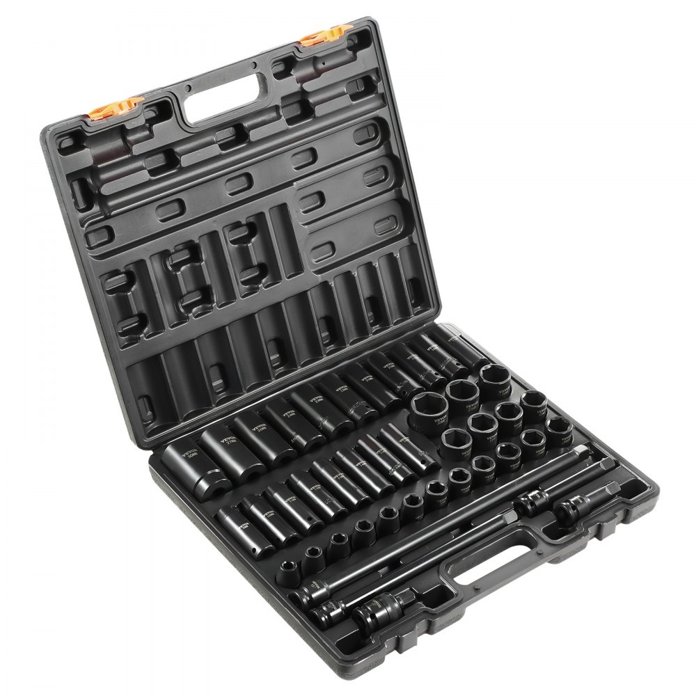 blue plastic carrying case with a handle and secure black clasps. VEVOR impact socket set.