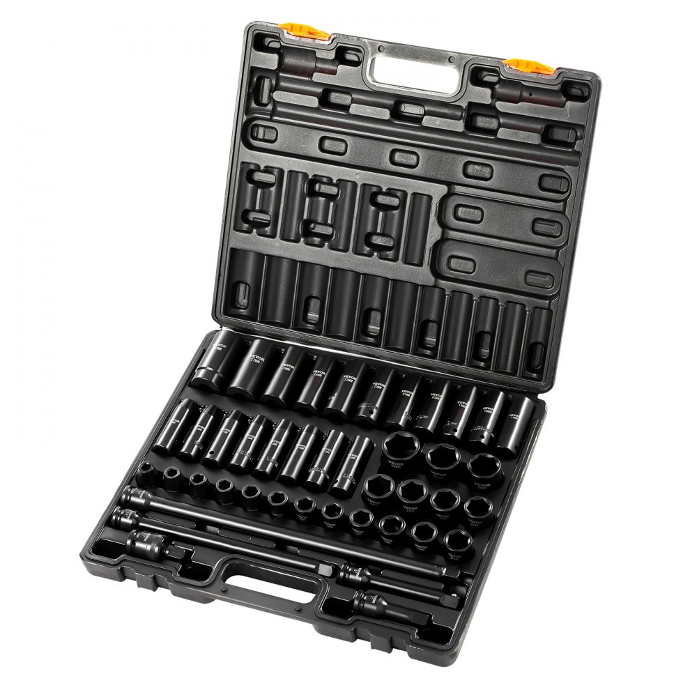 VEVOR impact socket set in blue plastic case with various sizes and attachments.