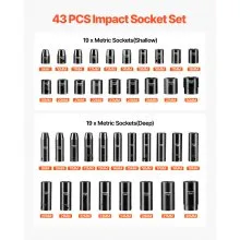 VEVOR Impact Socket Set 1/2 Inches 43 Piece Impact Sockets, Standard Socket Assortment, 1/2 Inches Drive Socket Set 6-Point Sockets Metric 9-30mm (Standard/Deep)