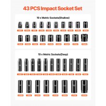 VEVOR Impact Socket Set 1/2 Inches 43 Piece Impact Sockets, Standard Socket Assortment, 1/2 Inches Drive Socket Set 6-Point Sockets Metric 9-30mm (Standard/Deep)