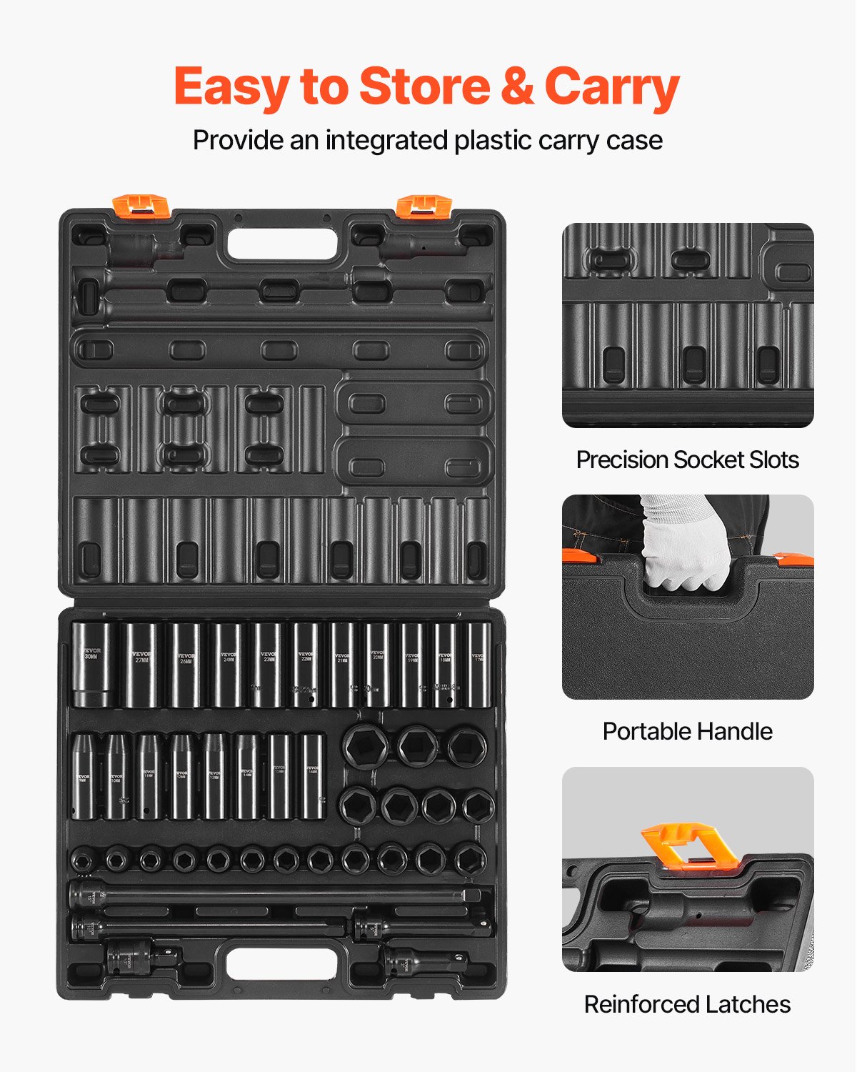 VEVOR Impact Socket Set 1/2 Inches 43 Piece Impact Sockets, Standard Socket Assortment, 1/2 Inches Drive Socket Set 6-Point Sockets Metric 9-30mm (Standard/Deep)