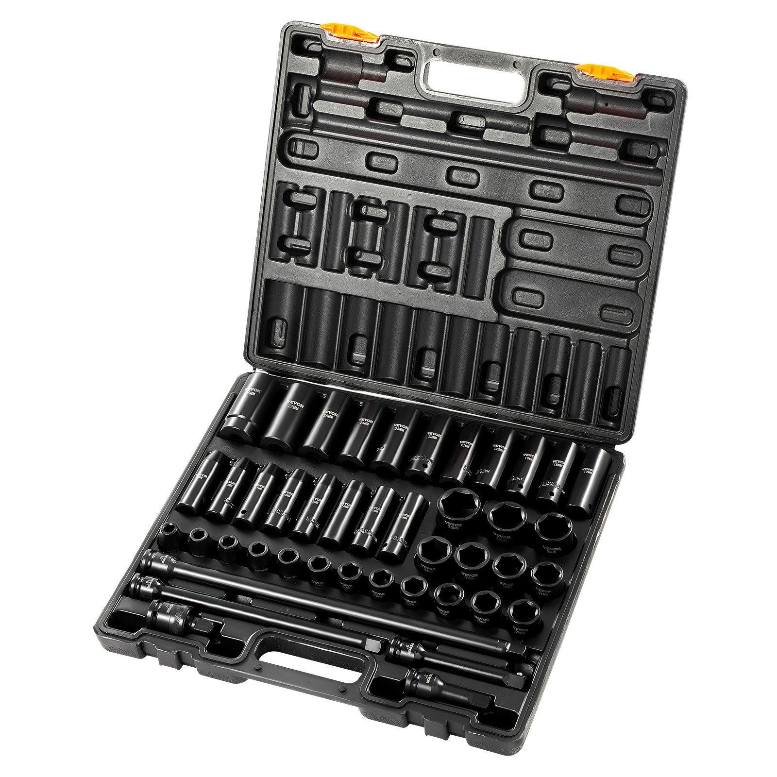 VEVOR impact socket set in blue case with various sockets and extensions.