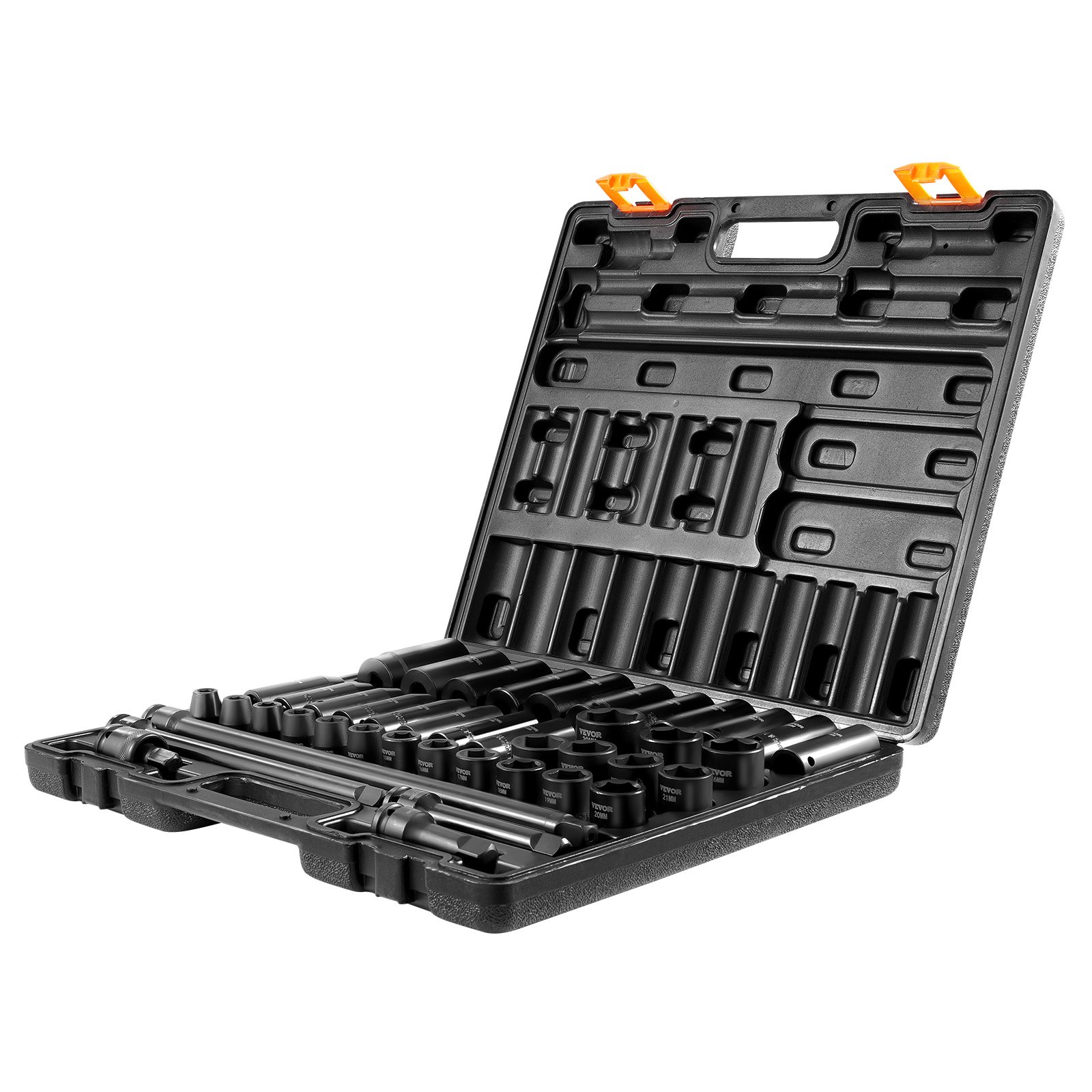 blue case of VEVOR impact socket set with black sockets and extensions arranged.