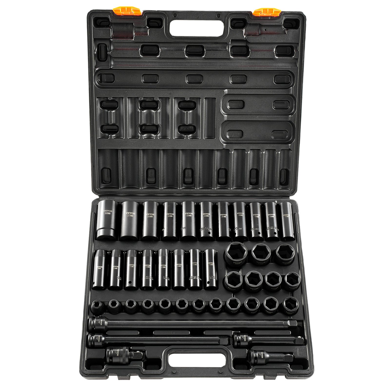 VEVOR impact socket set in a blue case with various socket sizes and wrench extensions