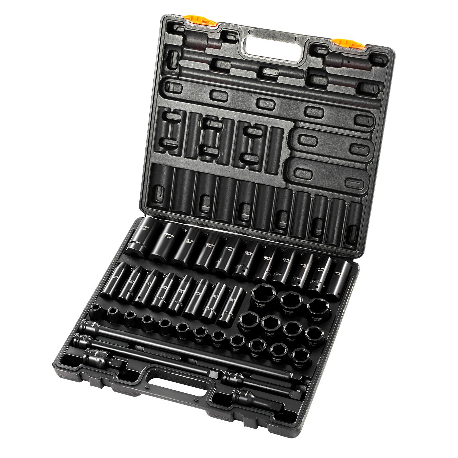 VEVOR impact socket set in blue plastic case with various sizes and attachments.