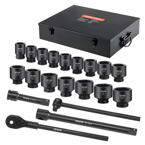VEVOR 1 in Drive Impact Socket Set, 21 Piece, 6 Point Shallow Impact Sockets, SAE (1-5/8 in to 3-1/8 in), with 8 in & 18 in Extension Bars, 24 in Ratchet, Cr-V Steel, Size Marking, and Carrying Case