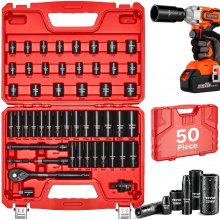 VEVOR 3/8 in Drive Impact Socket Set, 50 Piece, 6 Point Deep & Shallow Impact Sockets, SAE (5/16 in to 3/4 in) and Metric (8 to 22 mm) Sizes with 3 in & 6 in Extension Bars, Cr-V Steel, Carrying Case