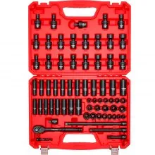 VEVOR 3/8 in Drive Impact Socket Set, 67 Piece, 6 Point Shallow & Deep Impact Sockets, SAE (5/16 in to 3/4 in) and Metric (8 mm to 19 mm), Swivel Sockets, Adapters, Cr-V & Cr-Mo Steel, Carrying Case