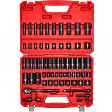 VEVOR 3/8 in Drive Impact Socket Set, 64 Piece, 6 Point Deep & Shallow Impact Sockets, SAE (5/16 in to 1 in) and Metric (6 to 24 mm) Sizes with 3 in & 6 in Extension Bars, Cr-V Steel, Carrying Case