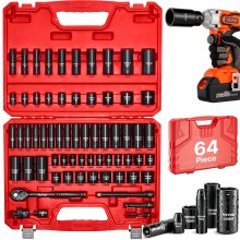 VEVOR 3/8 in Drive Impact Socket Set, 64 Piece, 6 Point Deep & Shallow Impact Sockets, SAE (5/16 in to 1 in) and Metric (6 to 24 mm) Sizes with 3 in & 6 in Extension Bars, Cr-V Steel, Carrying Case