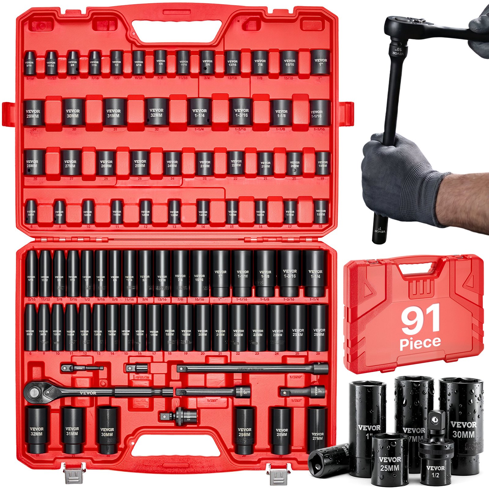 VEVOR 1/2 in Drive Impact Socket Set, 91 Piece, 6 Point Deep & Shallow Impact Sockets, SAE (5/16 to 1-1/4 in) and Metric (8 to 32 mm) Sizes with Extension Bars (3, 5, 10 in), Cr-V Steel, Carrying Case