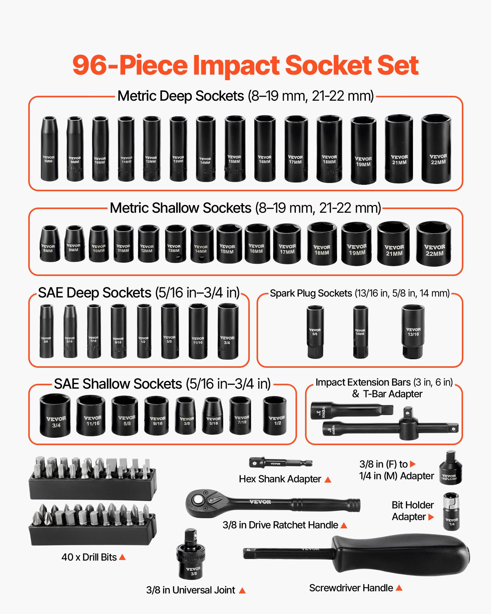VEVOR 3/8 in Drive Impact Socket Set, 96 Piece, 6 Point Deep & Shallow Impact Sockets, SAE (5/16 in to 3/4 in) and Metric (8 to 22 mm) Sizes with 3 in & 6 in Extension Bars, Cr-V Steel, Carrying Case