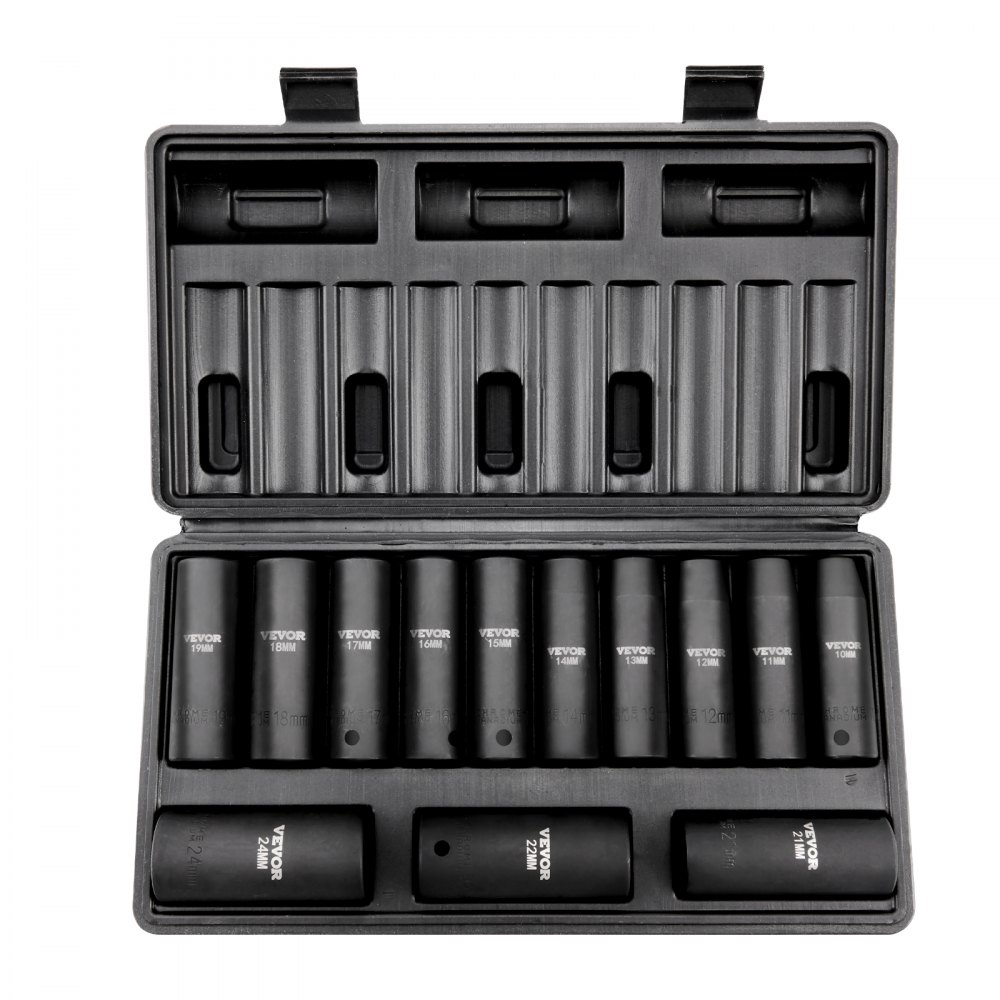 VEVOR impact socket set in black plastic case with labeled metric sockets arranged neatly.