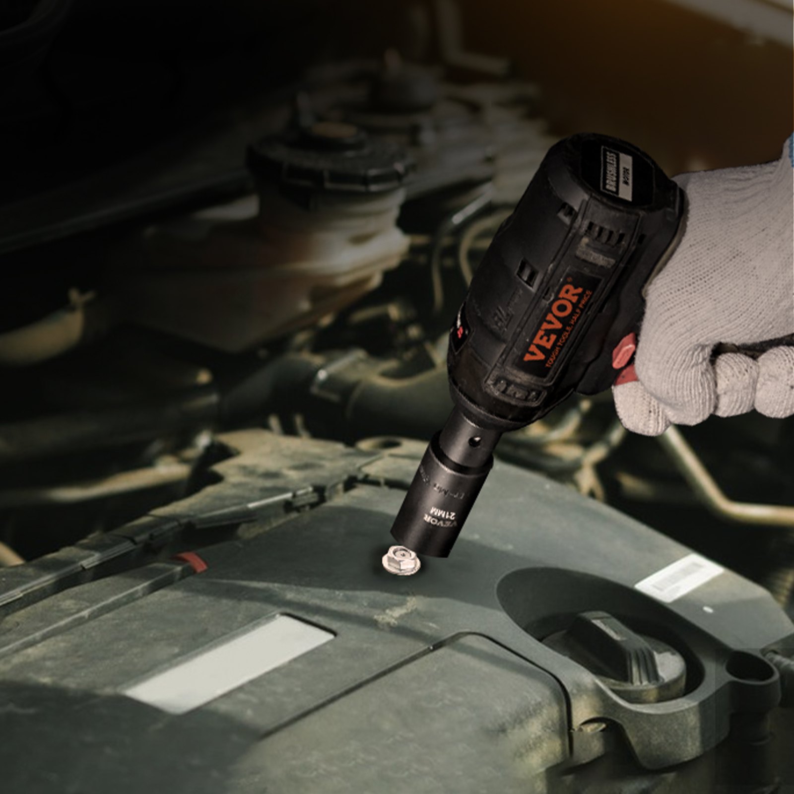 hands using a VEVOR impact socket set on a car engine bolt.