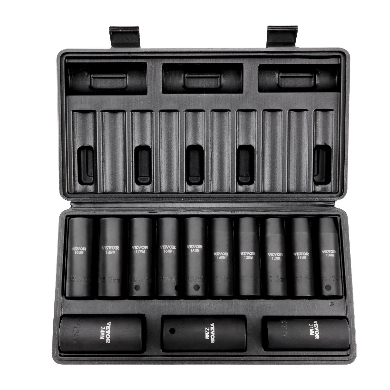VEVOR impact socket set in a black case with labeled compartments for various socket sizes.