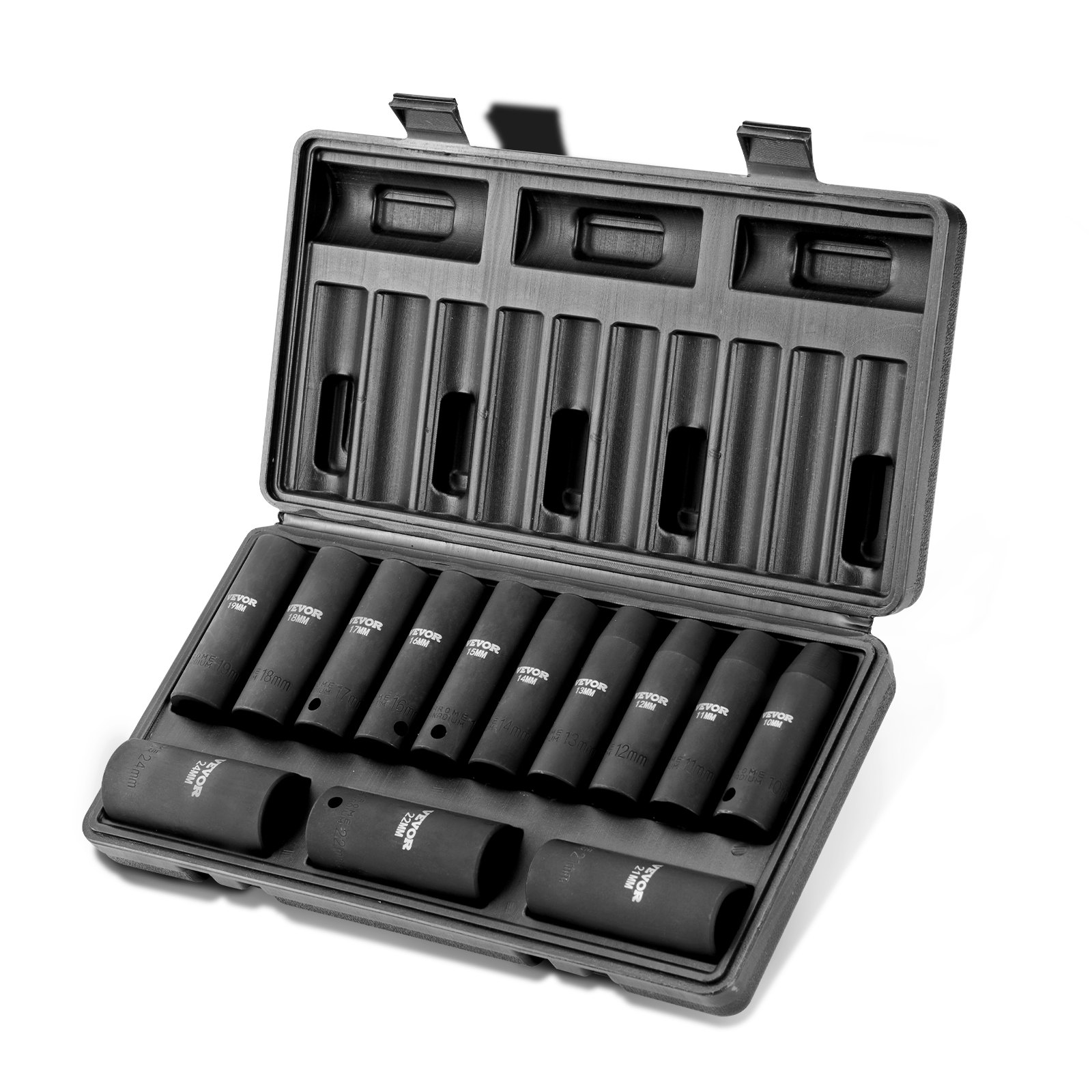VEVOR impact socket set in black plastic case with organized sockets arranged in rows.