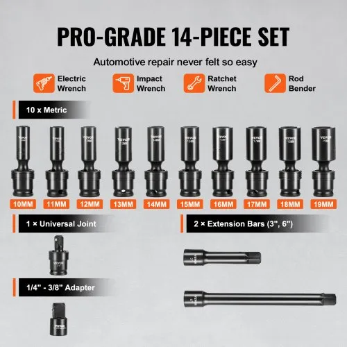 Löökpadrunite komplekt 3/8", pikad, universaalsed, 14-osa, 10-19 mm — pilt 3