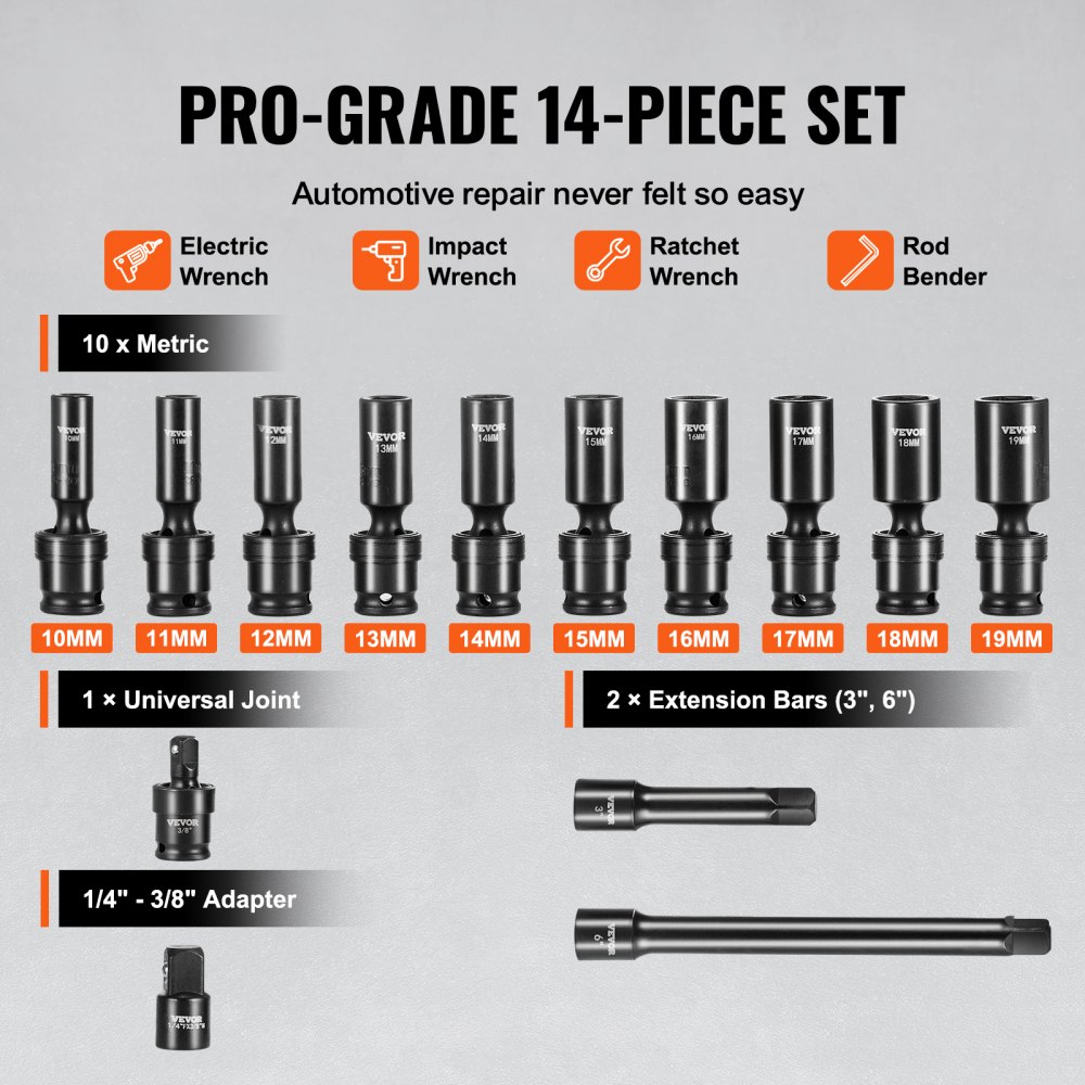 VEVOR Swivel Impact Socket Set, 14PCS Universal Socket Set - 3/8" Drive Deep Metric 10-19mm, 6 Point Cr-Mo Alloy Steel for Auto Repair, Easy-to-Read Size Markings, Rugged Construction