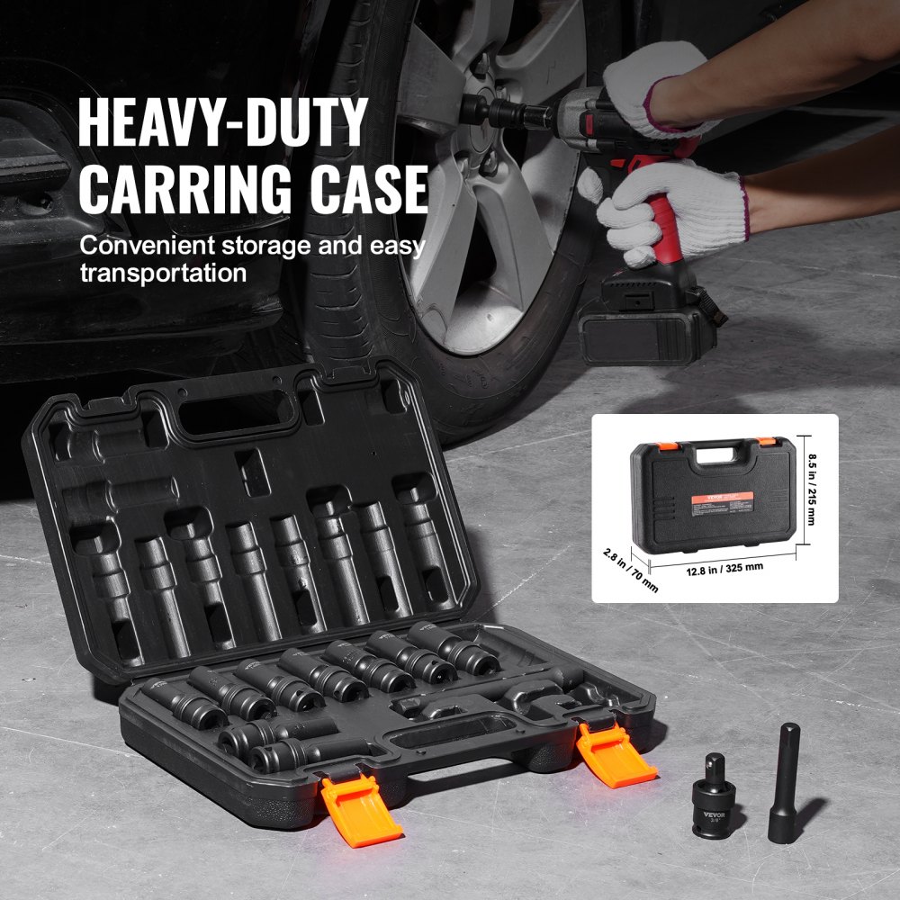 VEVOR Swivel Impact Socket Set, 14PCS Universal Socket Set - 3/8" Drive Deep Metric 10-19mm, 6 Point Cr-Mo Alloy Steel for Auto Repair, Easy-to-Read Size Markings, Rugged Construction