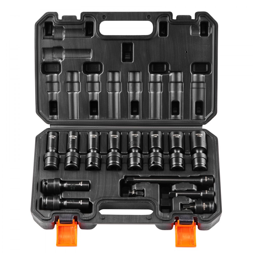 VEVOR Swivel Impact Socket Set, 14PCS Universal Socket Set - 3/8" Drive Deep Metric 10-19mm, 6 Point Cr-Mo Alloy Steel for Auto Repair, Easy-to-Read Size Markings, Rugged Construction
