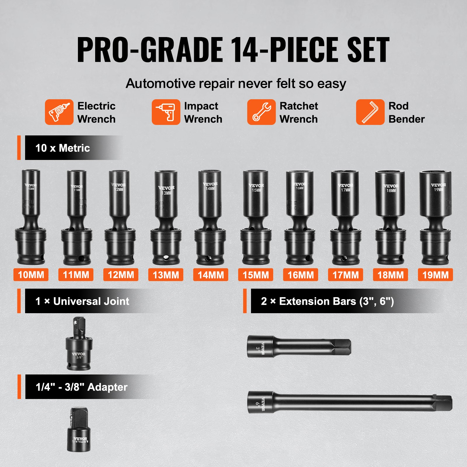 VEVOR Swivel Impact Socket Set, 14PCS Universal Socket Set - 3/8" Drive Deep Metric 10-19mm, 6 Point Cr-Mo Alloy Steel for Auto Repair, Easy-to-Read Size Markings, Rugged Construction