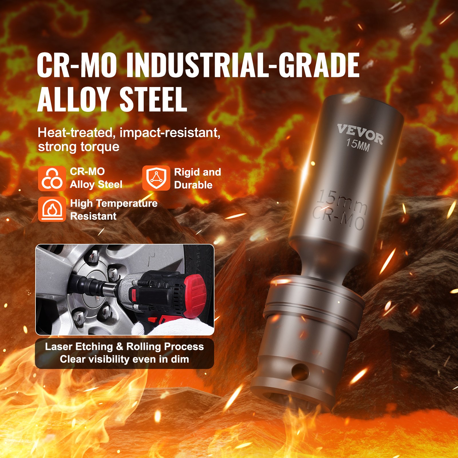 VEVOR Swivel Impact Socket Set, 14PCS Universal Socket Set - 3/8" Drive Deep Metric 10-19mm, 6 Point Cr-Mo Alloy Steel for Auto Repair, Easy-to-Read Size Markings, Rugged Construction