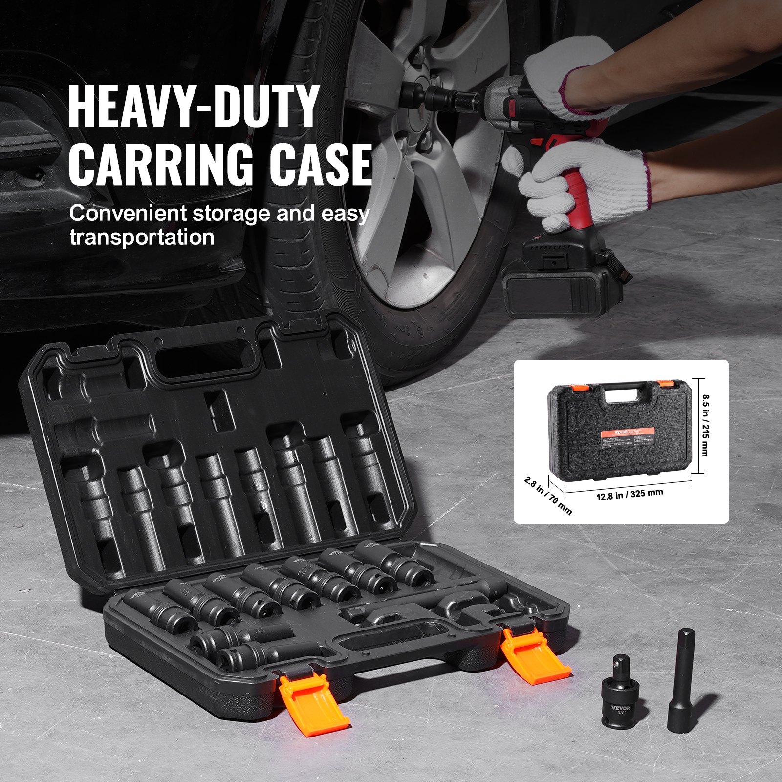 VEVOR Swivel Impact Socket Set, 14PCS Universal Socket Set - 3/8" Drive Deep Metric 10-19mm, 6 Point Cr-Mo Alloy Steel for Auto Repair, Easy-to-Read Size Markings, Rugged Construction