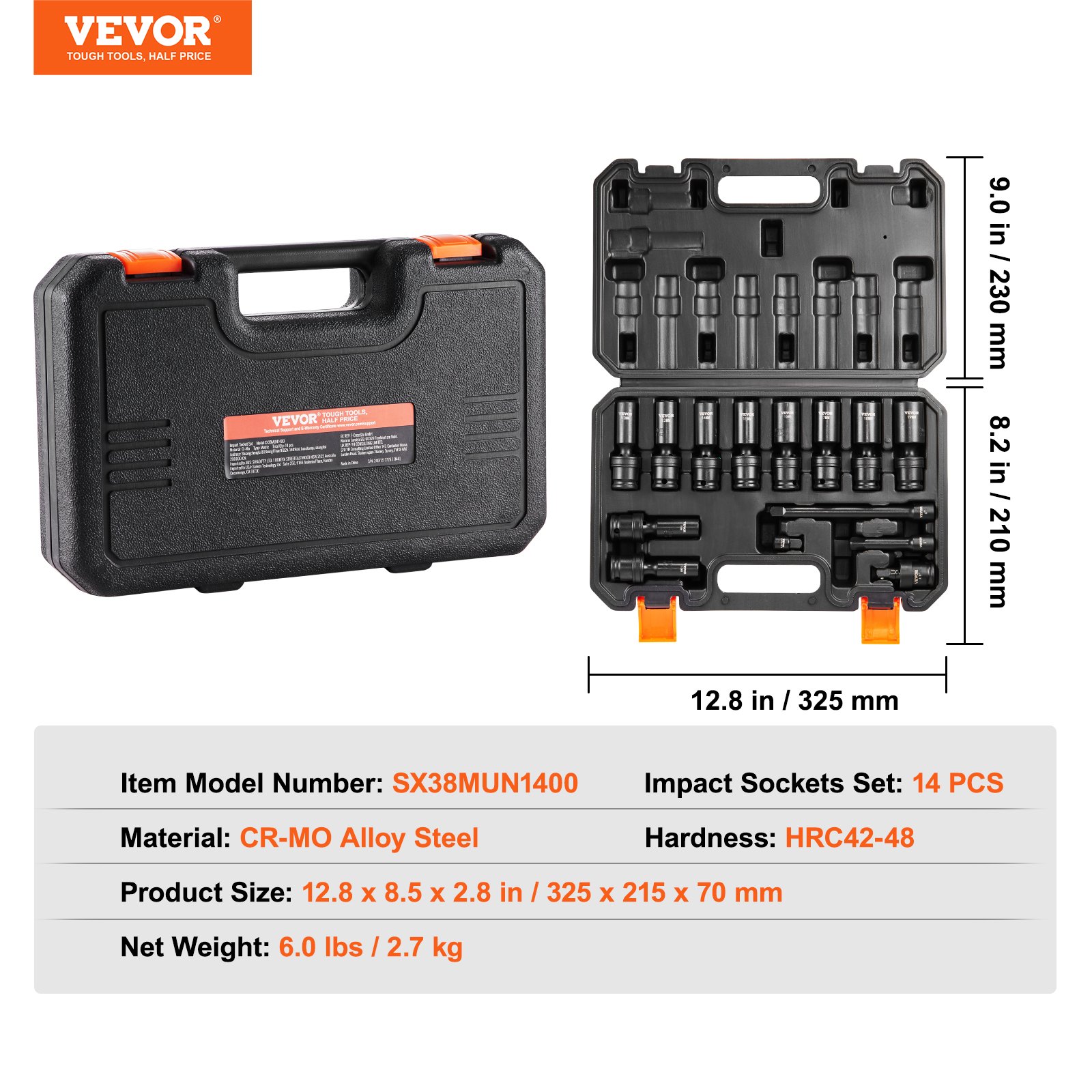 VEVOR Swivel Impact Socket Set, 14PCS Universal Socket Set - 3/8" Drive Deep Metric 10-19mm, 6 Point Cr-Mo Alloy Steel for Auto Repair, Easy-to-Read Size Markings, Rugged Construction
